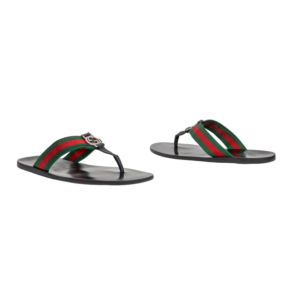 Gucci Web Stripe Interlocking G Logo Thong Sandals Black Leather Green Red 8.5